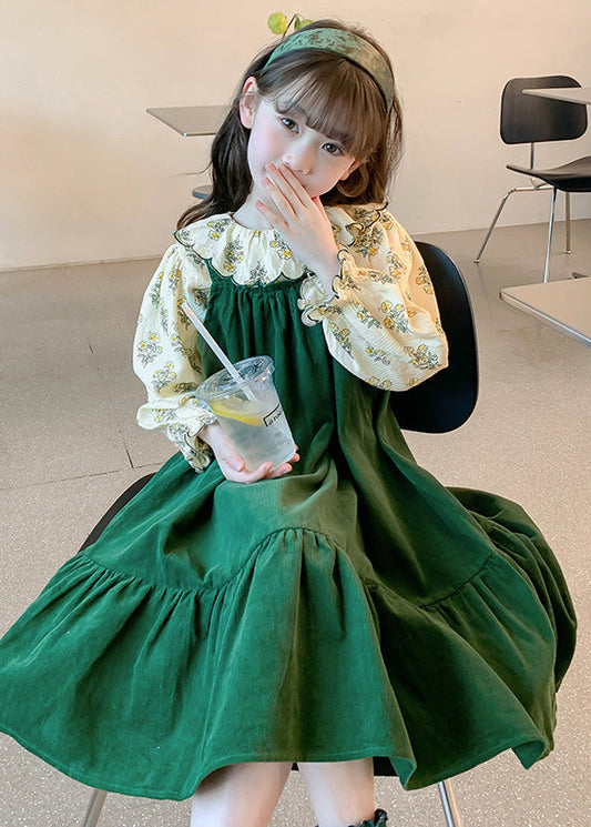 Art Green Shirts and Long Dress Kids Two Pieces Set Spring Ye029
