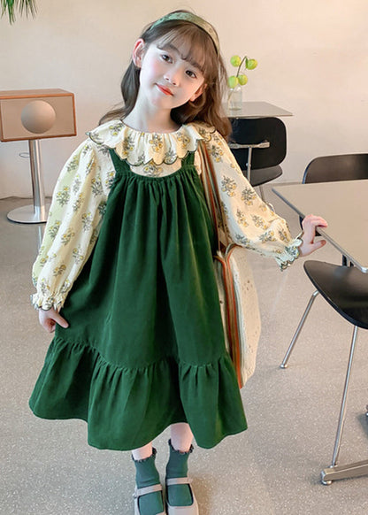 Art Green Shirts and Long Dress Kids Two Pieces Set Spring Ye029
