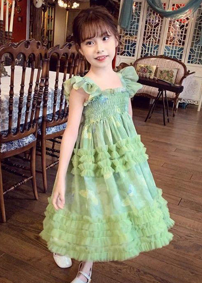 Art Green Square Collar Print Wrinkled Tulle Long Dress Sleeveless Ew023
