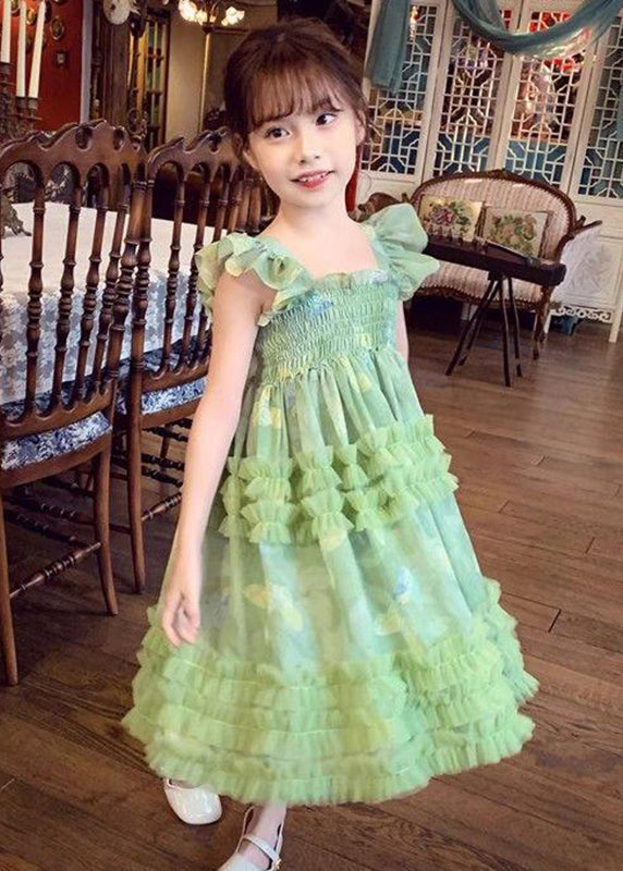 Art Green Square Collar Print Wrinkled Tulle Long Dress Sleeveless Ew023