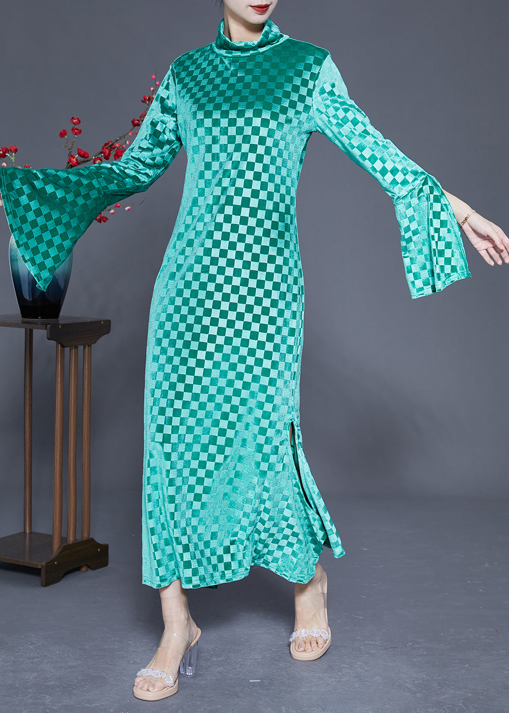 Art Green Stand Collar Plaid Side Open Silk Velour Long Dress Flare Sleeve Ly1841