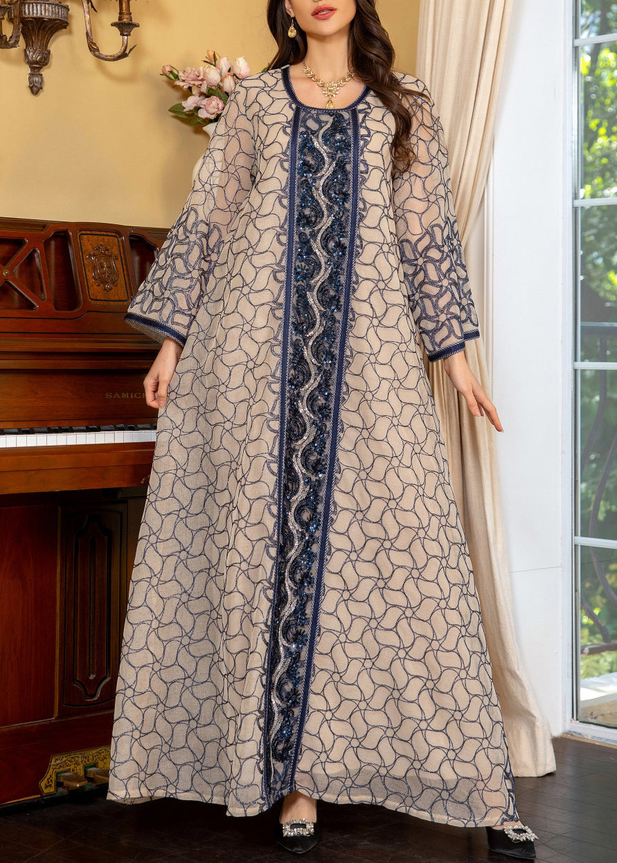 Art Grey O Neck Sequins Patchwork Tulle Long Dress Fall Wo048