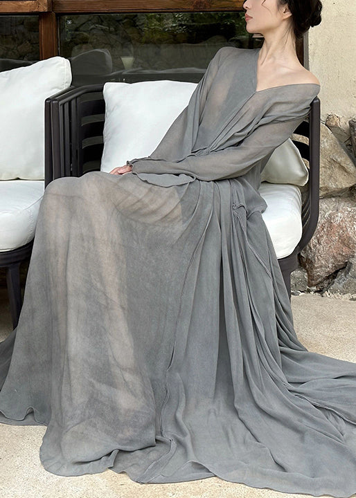Art Grey V Neck Wrinkled Cotton Maxi Dresses Long Sleeve Ee1064