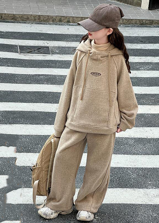 Art Khaki Patchwork Thick Hooded Kids Sweatshirt and Wide Leg Pants Two Piece Set Spring Tr014