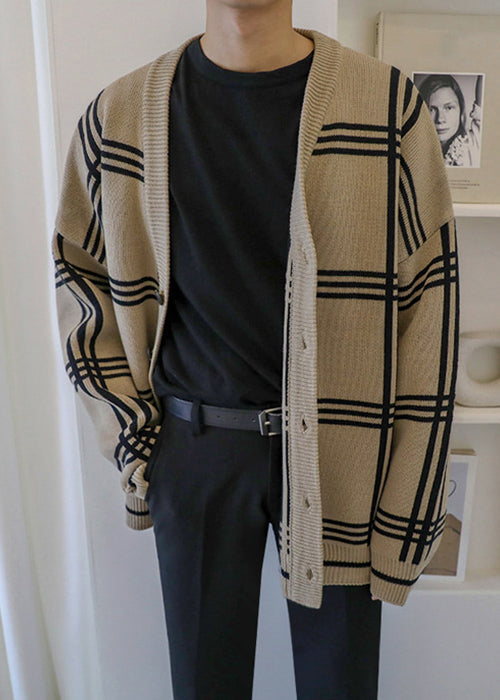 Khaki Spring Art Knit Button Plaid Cardigans