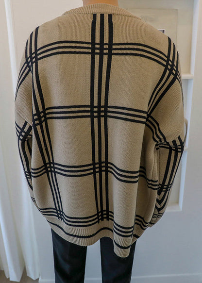 Khaki Spring Art Knit Button Plaid Cardigans