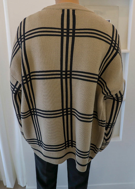 Khaki Spring Art Knit Button Plaid Cardigans