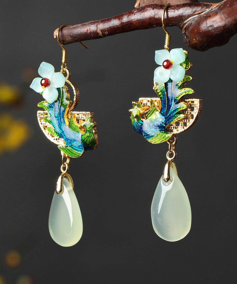 Art Light Green Jade Cloisonne Gem Stone Drip Drop Earrings