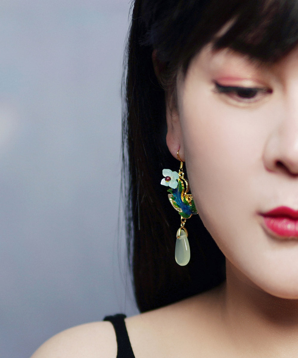 Art Light Green Jade Cloisonne Gem Stone Drip Drop Earrings