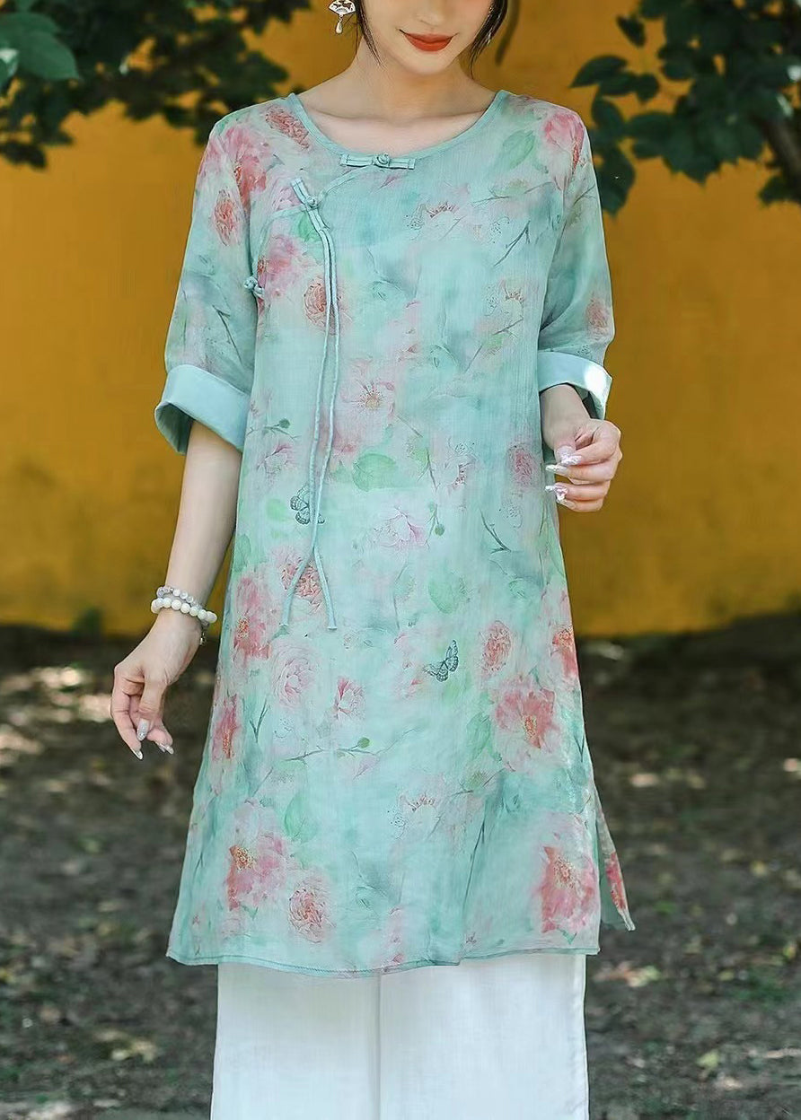 Art Light Green O Neck Button Print Linen Blouse Half Sleeve Jh002