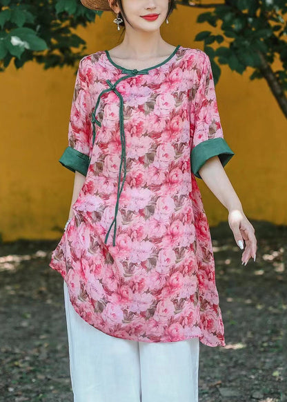 Art Light Green O Neck Button Print Linen Blouse Half Sleeve Jh002