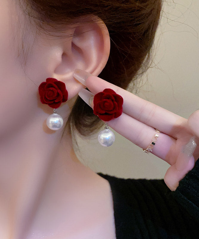 Art Mulberry Flocking Pearl Rose Drop Earrings