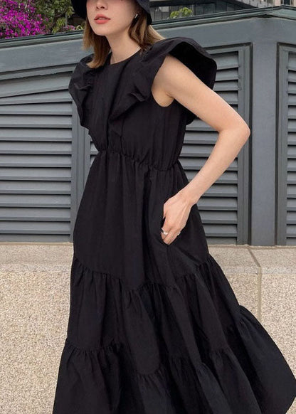 Art Navy Slim Fit Patchwork Wrinkled Cotton Long Dress Petal Sleeve Ly1348