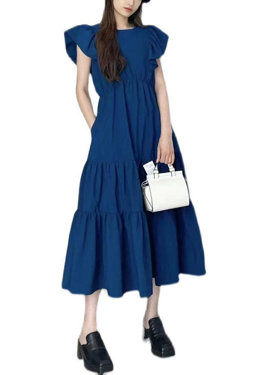 Art Navy Slim Fit Patchwork Wrinkled Cotton Long Dress Petal Sleeve Ly1348