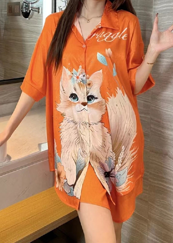 Art Orange Peter Pan Collar Print Ice Silk Pajamas Blouses Dress Spring Yk013