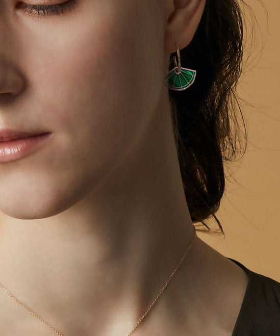 Art Peacock Green Fan-shaped Gem Stone Separable 14k Gold Stud Earrings
