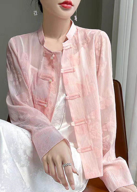 Art Pink Butterfly Button Silk Blouse Fall Ab1053