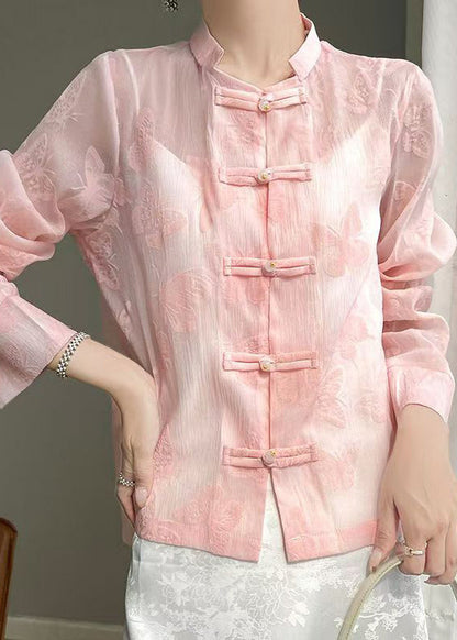 Art Pink Butterfly Button Silk Blouse Fall Ab1053