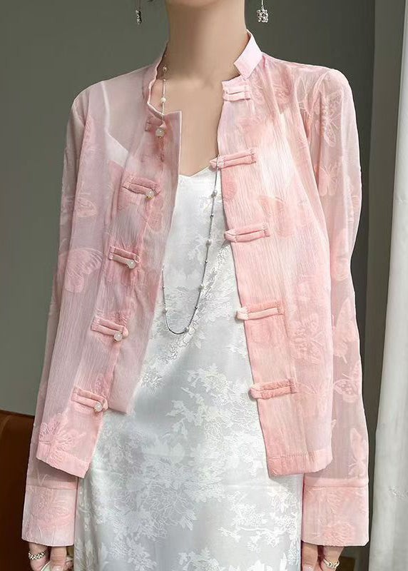 Art Pink Butterfly Button Silk Blouse Fall Ab1053