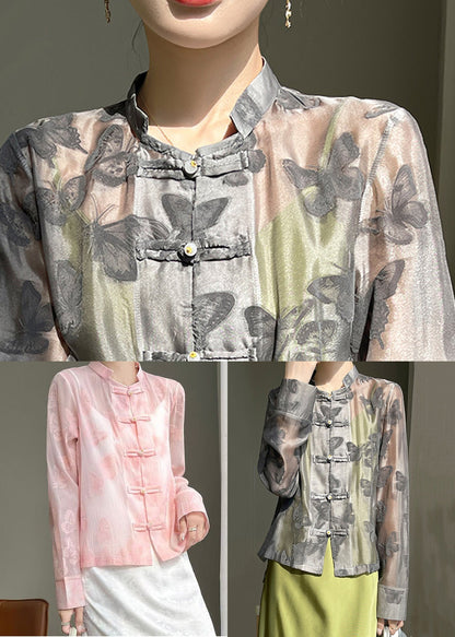 Art Pink Butterfly Button Silk Blouse Fall Ab1053