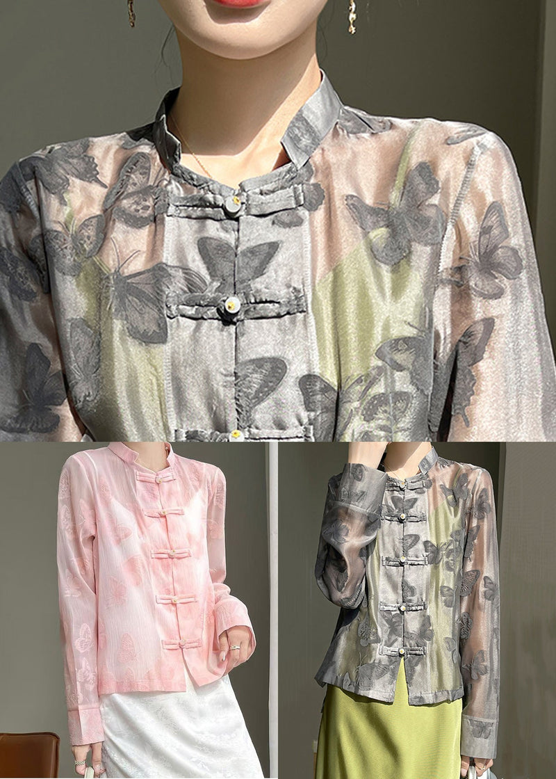 Art Pink Butterfly Button Silk Blouse Fall Ab1053