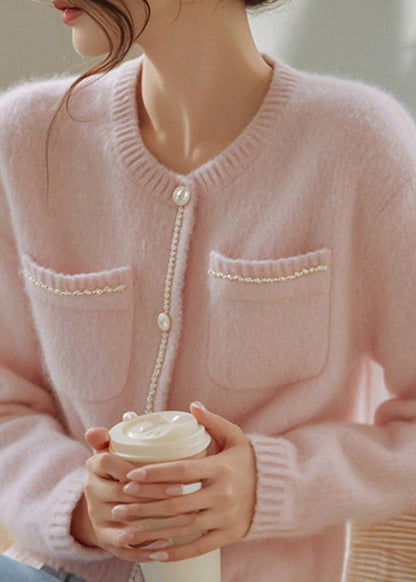 Art Pink O-neck Button Pockets Knit Cardigan Spring Tf018