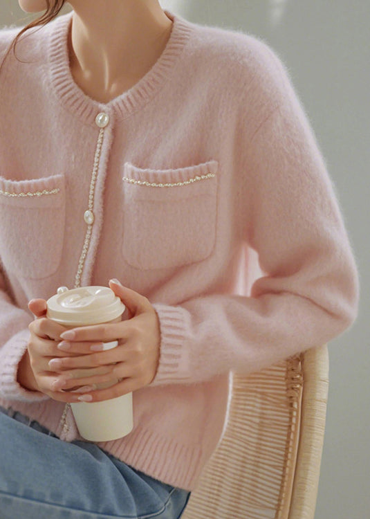Art Pink O-neck Button Pockets Knit Cardigan Spring Tf018