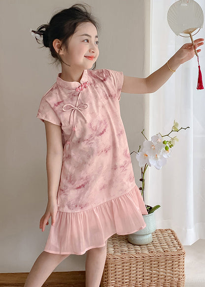 Art Pink Stand Collar Print Patchwork Kids Maxi Dress Short Sleeve Mn021