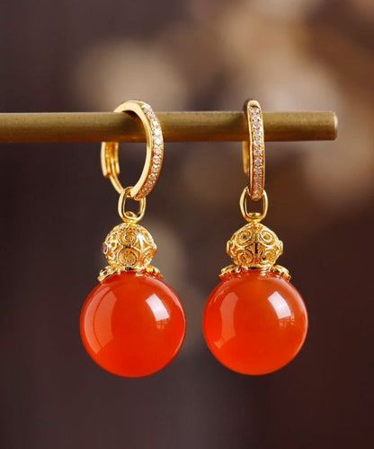 Art Red 18k Gold Inlaid Agate Drop Earrings