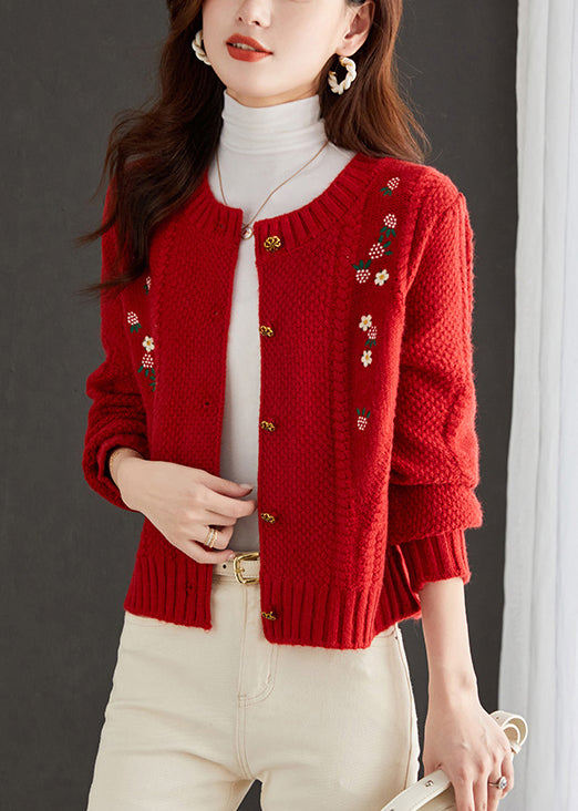 Art Red Embroidered Button Knit Cardigan Fall Qs019