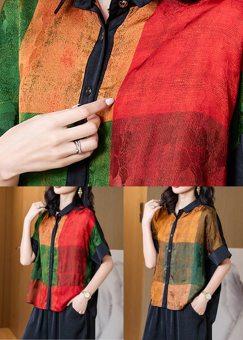 Yellow Print Patchwork Silk Blouses Peter Pan Collar Summer Tf1015
