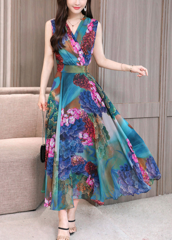Art Red V Neck Print Tunic Holiday Maxi Dresses Sleeveless Ly1719