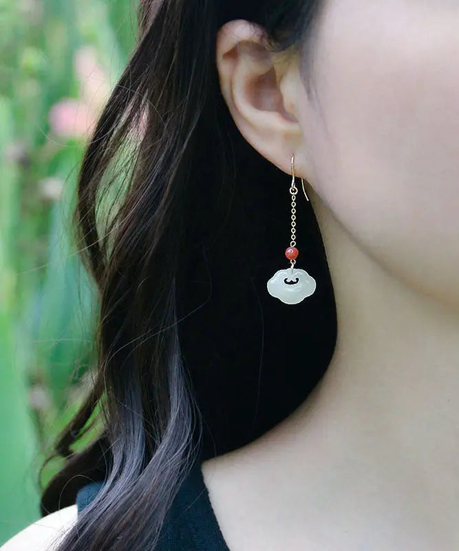 White 18k Gold Jade Ruyi Agate Drop Earrings