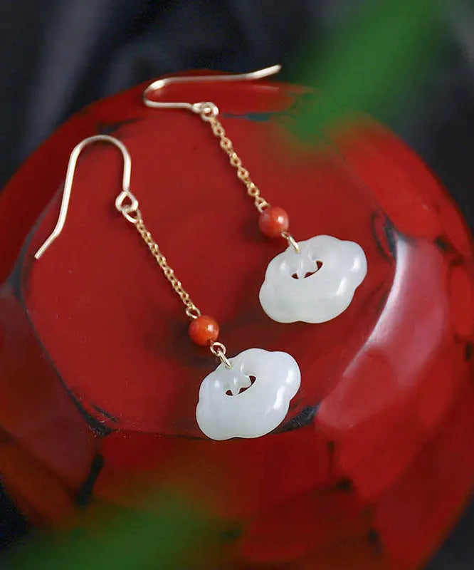 White 18k Gold Jade Ruyi Agate Drop Earrings