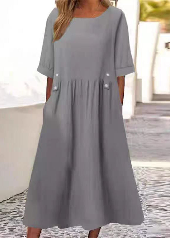 Art White O Neck Pockets Cotton Long Dress Summer Qa027