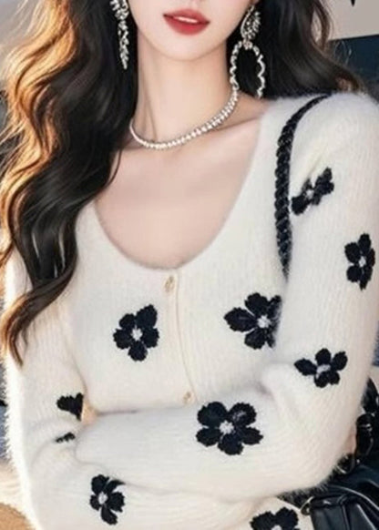 Art White O-neck Print Cotton Knit Cardigan Spring To032