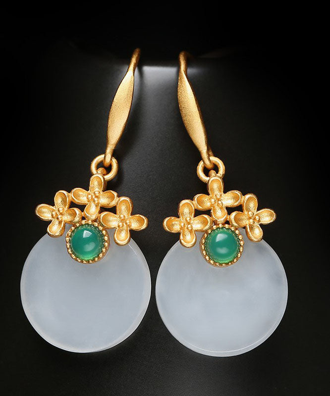 Art White Sterling Silver Overgild Inlaid Jade Drop Earrings