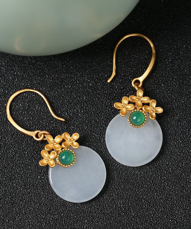 Art White Sterling Silver Overgild Inlaid Jade Drop Earrings
