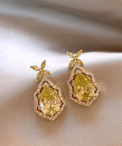 Art Yellow Copper Overgild Crystal Four Leaf Clover Drop Earrings