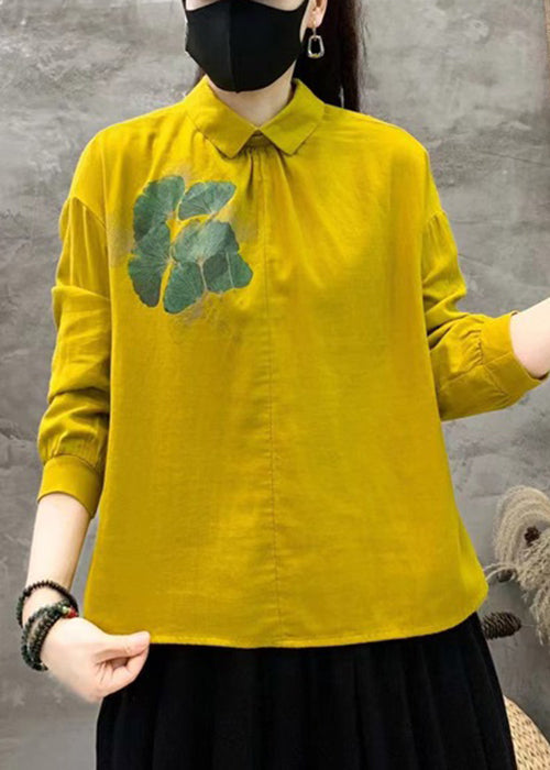 Art Yellow Peter Pan Collar Print Linen Blouses Fall Re017