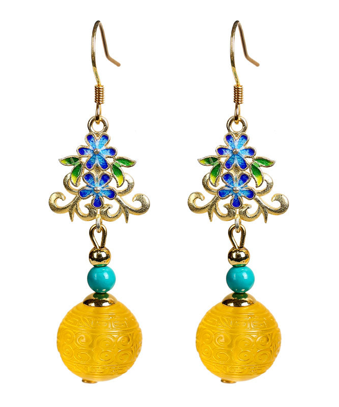 Art Yellow Sterling Silver Inlaid Amber Turquoise Drop Earrings