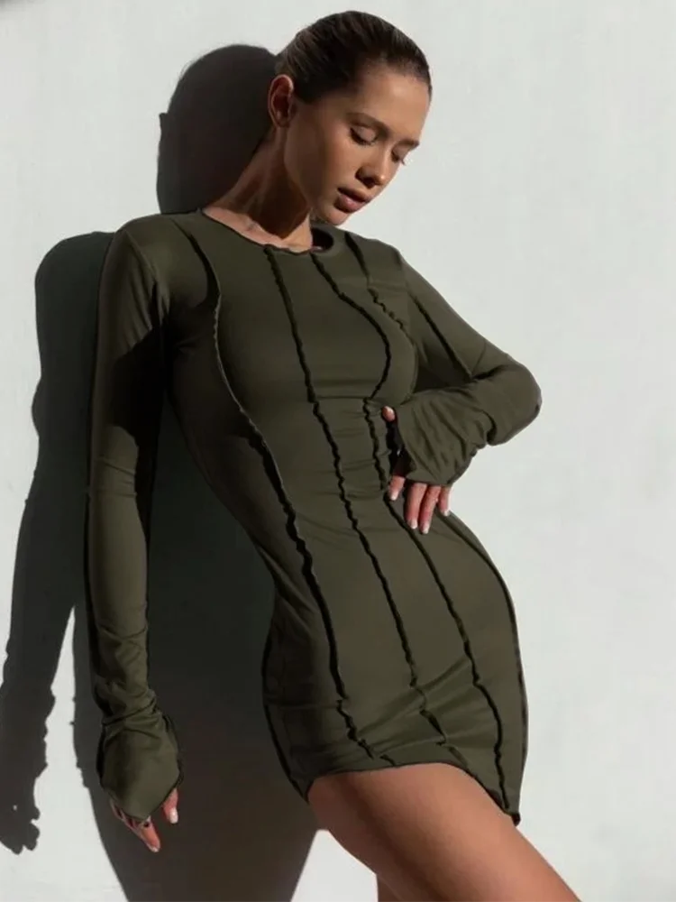 Asymmetrical Slim Mini Dress O-neck Flare Long Sleeve Patchwork Wrap Dress Spring New