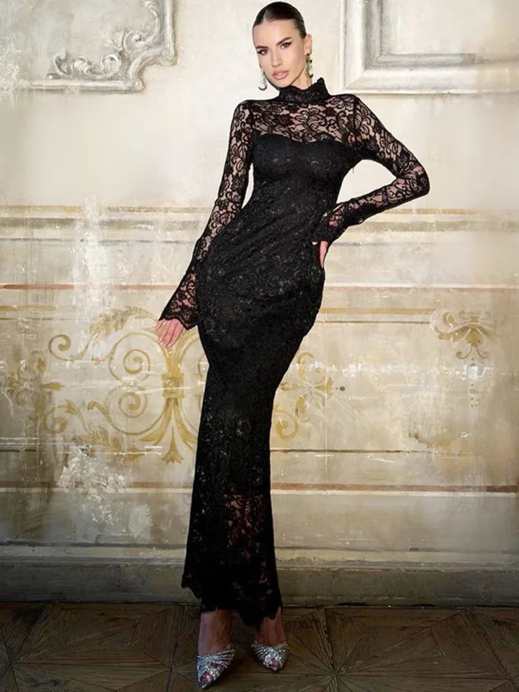 Long Sleeved Lace Patchwork Long Dress Summer New Slim Fit Bodycon Party Evening Dress