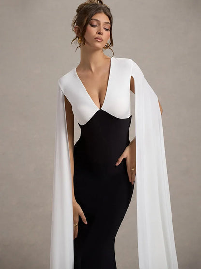 Patchwork Sleeveless Ribbon Bodycon Party Evening Dress Winter V-neck Tight Long Dress Vestido