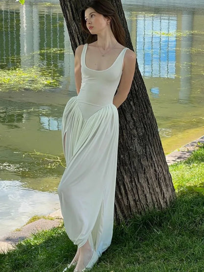 Sleeveless Elastic Tight Long Dress Fluffy Skirt Split Backless Evening Dress Slim Party Vacation Vestidos