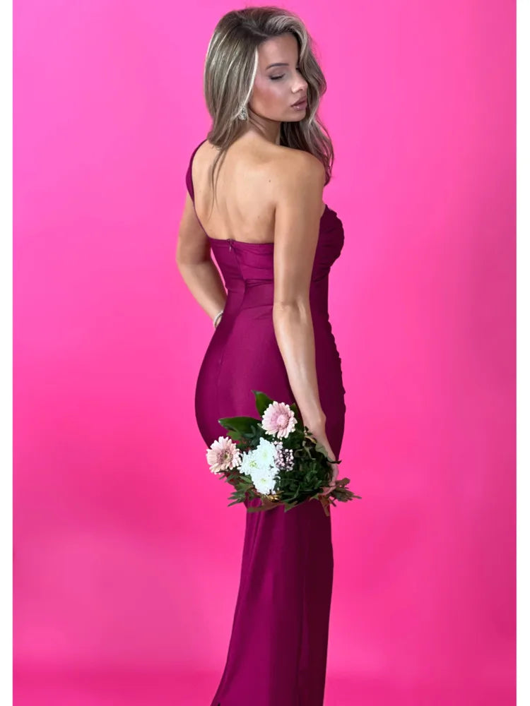 Sleeveless Single Shoulder Strap Zipper Evening Dress Pleated Slim Maxi Dress Female Party Club Vestidos