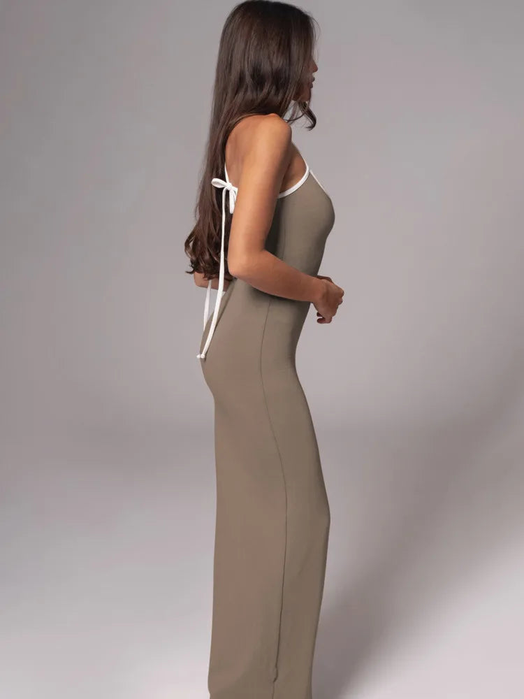 Spaghetti Strap High Elastic Tight Long Dress V-neck Backless Bodycon Autumn Party Evening Dress