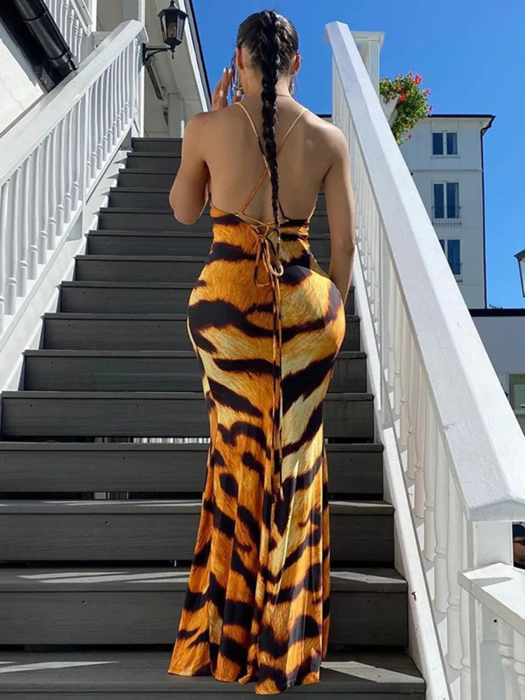 Print Backless Tie Slim Fit ’s Dress Spaghetti Strap Tiger Print Maxi Dress Party Vestidos