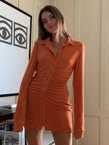 Turn-down Collar Button Mini Dress