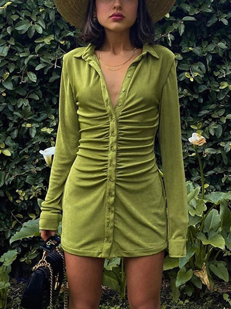 Turn-down Collar Button Mini Dress